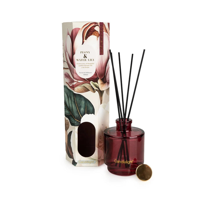 Candlelight Peony & Water Lily 200ml reed diffuser in burgundy glass with black reeds and gold logo, on white background.