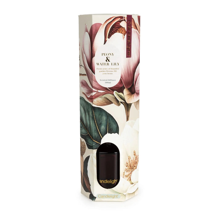 Candlelight Peony & Water Lily reed diffuser gift box with floral artwork and label, front view.