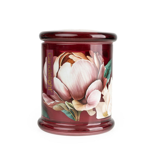 Candlelight Peony & Water Lily large glass lidded jar candle, deep crimson jar with floral peony print, front view.