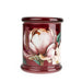 Candlelight Peony & Water Lily large glass lidded jar candle, deep crimson jar with floral peony print, front view.