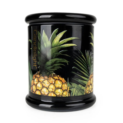 Candlelight Pineapple & Coconut large glass lidded jar candle, glossy black jar with pineapple artwork, front view.
