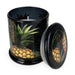 Candlelight Pineapple & Coconut jar candle shown open with lid beside, black glass with pineapple print and white wax.