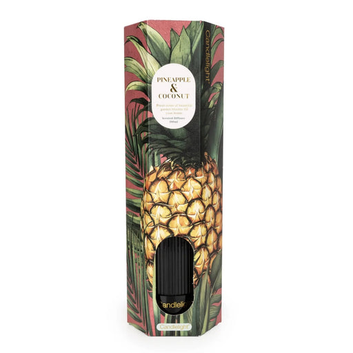 Candlelight Pineapple & Coconut reed diffuser 200ml packaging with pineapple tropical design