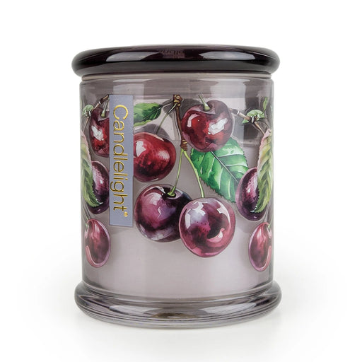 Candlelight Sour Cherry & Lime large glass lidded jar candle with smoky grey glass and cherry artwork, front view.
