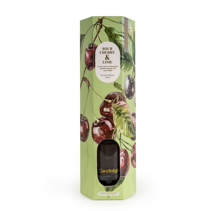 Candlelight Sour Cherry & Lime 200ml reed diffuser packaging with cherry design gift box