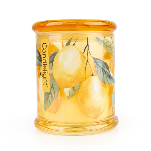 Candlelight Sweet Lemon & Rosemary large glass lidded jar candle with yellow glass and lemon artwork, front view.