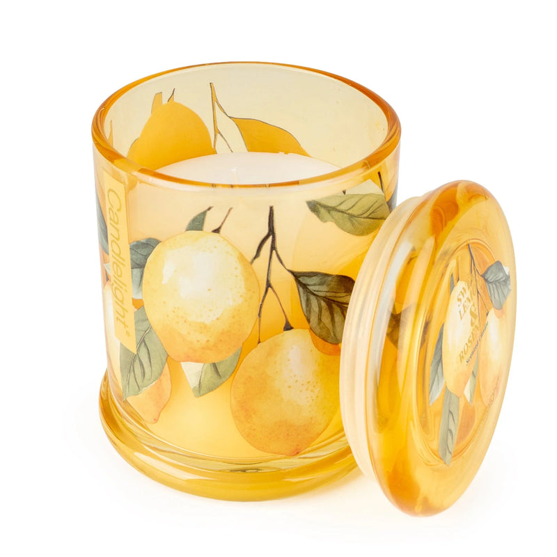 Candlelight Sweet Lemon & Rosemary jar candle shown open with lid beside, yellow glass with lemon sprigs and white wax.