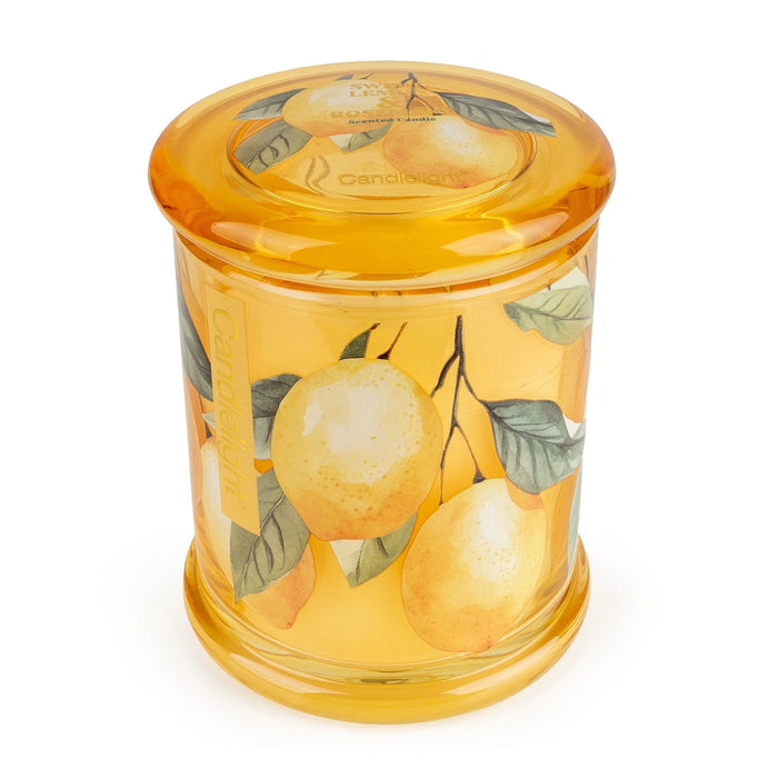 Top view of Candlelight Sweet Lemon & Rosemary large glass jar candle with matching yellow lid and lemon design.