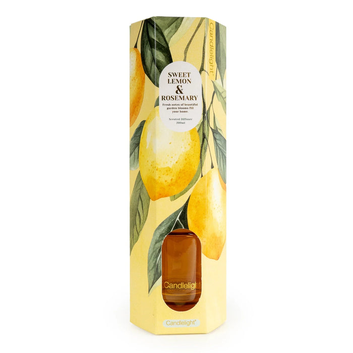Candlelight Sweet Lemon & Rosemary 200ml reed diffuser amber glass bottle with black reeds