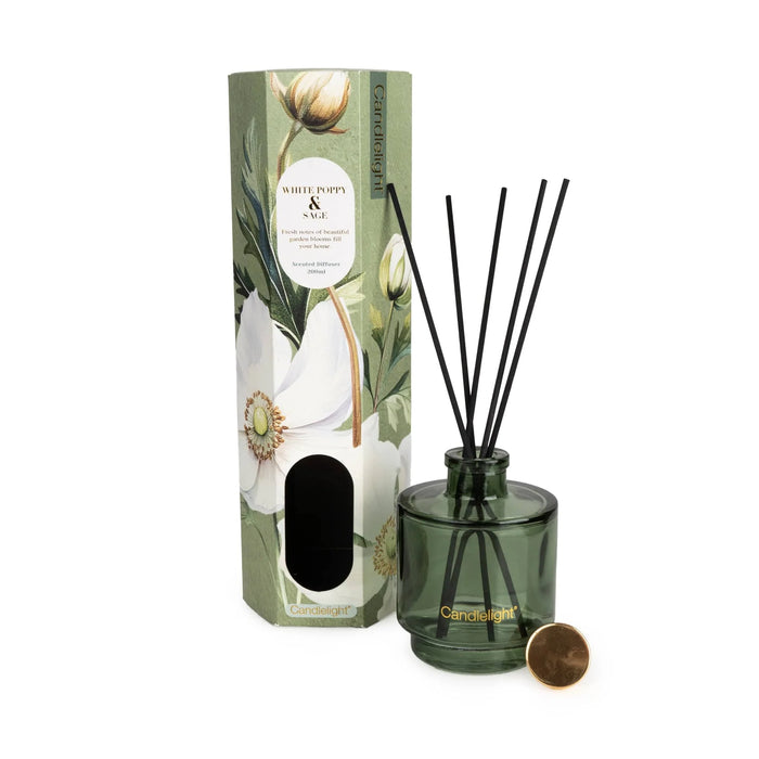 Candlelight White Poppy & Sage reed diffuser set showing gift box, green bottle, black reeds and gold cap.