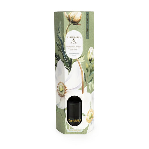 Candlelight White Poppy & Sage reed diffuser gift box with green botanical artwork and product label, front view.