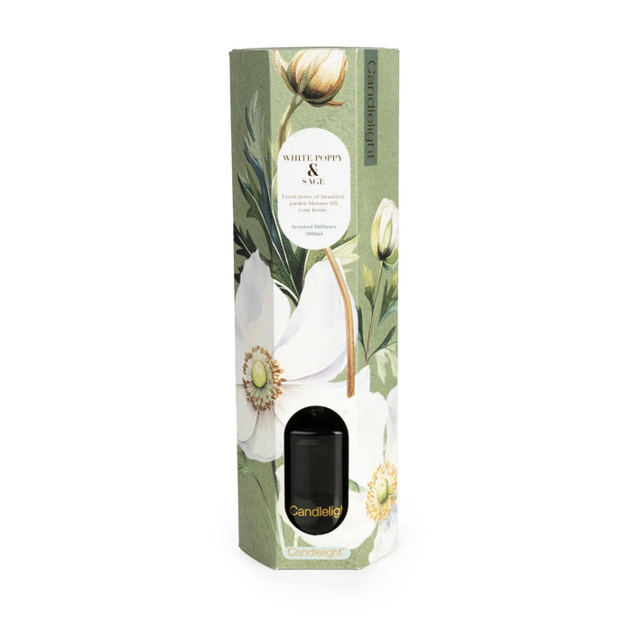 Candlelight White Poppy & Sage reed diffuser gift box with green botanical artwork and product label, front view.