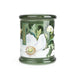 Candlelight White Poppy & Sage large glass lidded jar candle, green floral jar with white poppy artwork, front view.