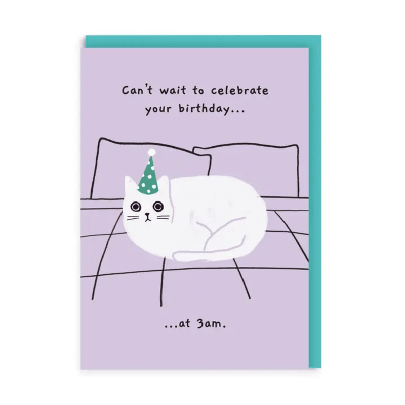 Can't Wait To Celebrate funny cat birthday card with white cat in party hat