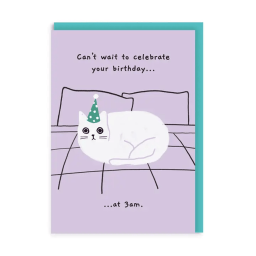 Can't Wait To Celebrate funny cat birthday card with white cat in party hat
