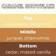 Caramel Snowflake scent card with wax melt fragrance details and themed background
