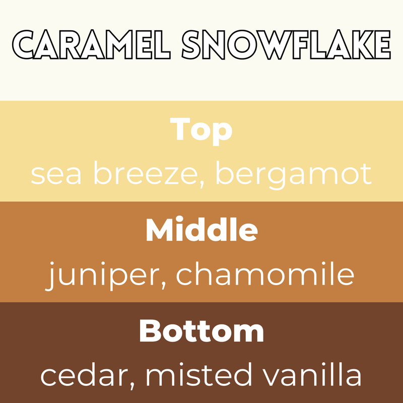 Caramel Snowflake scent card with wax melt fragrance details and themed background