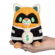 Front view of Squishable Alter Egos Cat Burglar Kitty plush with striped burglar outfit and money bag