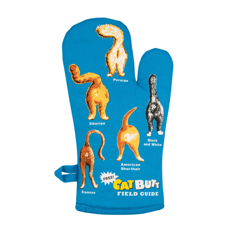 Back of Cat Butt oven mitt showing cat butt field guide with different breeds