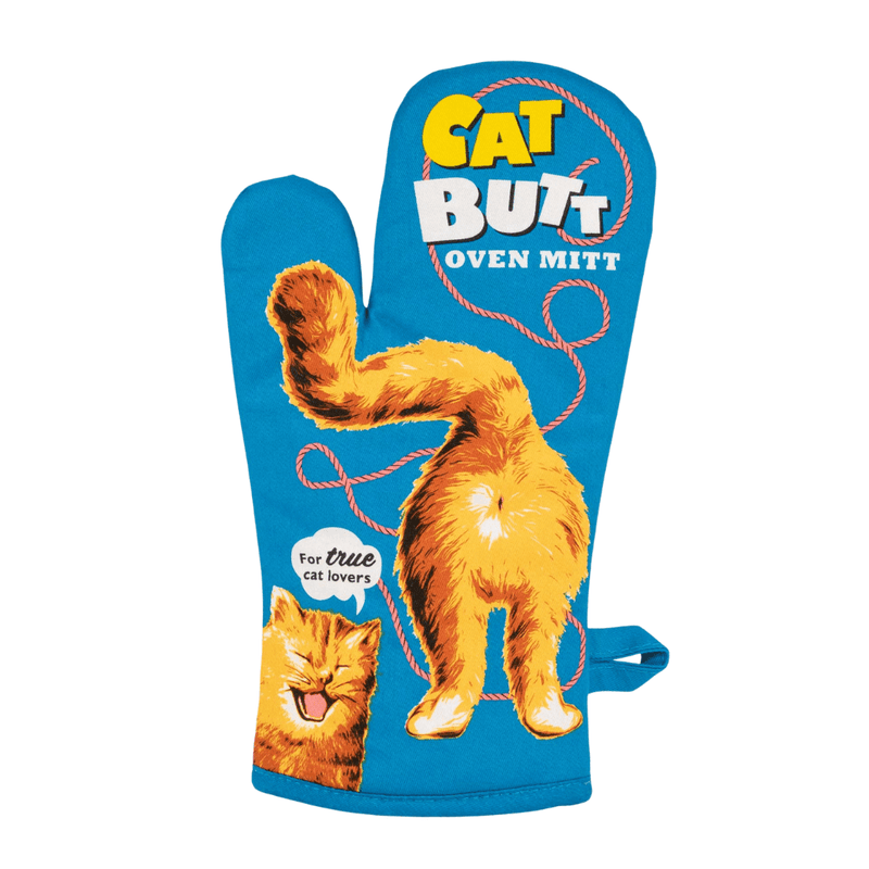 Cat Butt oven mitt front with orange cat illustration on turquoise and text For true cat lovers