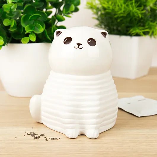 White ceramic cat chia planter on desk with chia seeds and potted plants