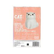 Back of cat chia planter gift box with peach background and growing instructions