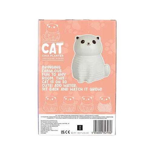 Back of cat chia planter gift box with peach background and growing instructions