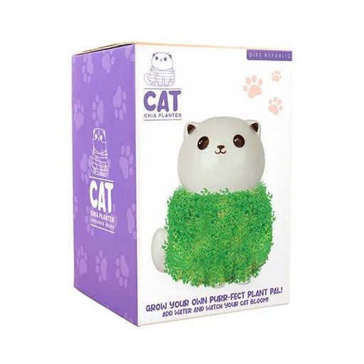 Front of cat chia planter packaging showing ceramic cat with green chia coat