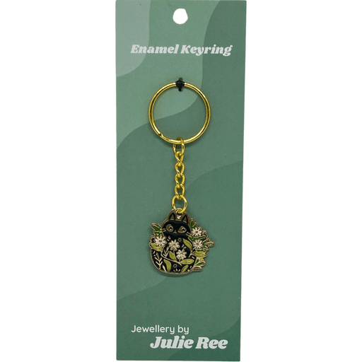 Enamel keyring with black cat peeking through white flowers and green leaves – Jewellery By Julie Ree
