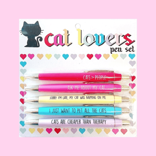 Cat lovers pen set of 5 black ink ballpoint pens in pastel colours on backing card, with funny cat phrases for gifts and stationery fans.