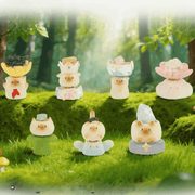 Six regular Cat PAI Never Stop Dreaming blind box figures together in a woodland scene