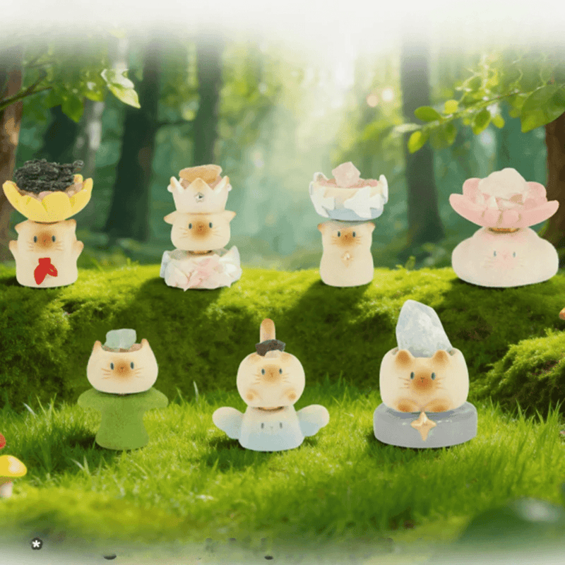Six regular Cat PAI Never Stop Dreaming blind box figures together in a woodland scene