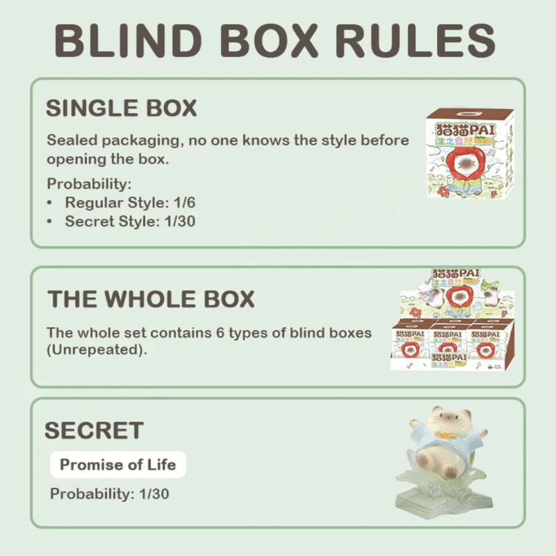 Cat PAI Vibrant Life blind box rules showing regular and secret figure ratios