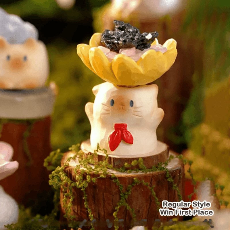 Win First Place Cat PAI figure close-up with yellow flower and dark crystal detail