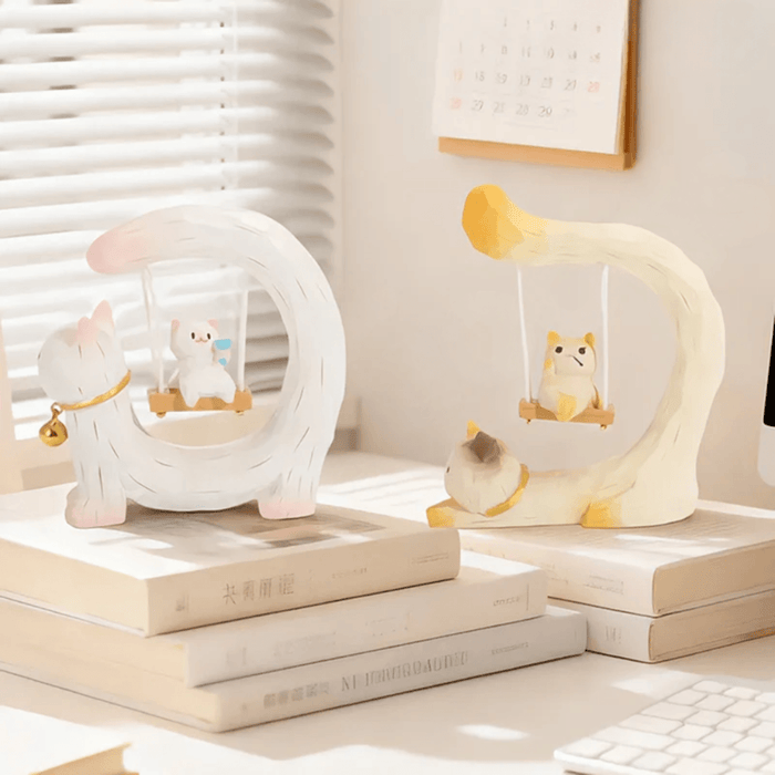 Cat Swing Series White Kitten and Calico Cat resin figures