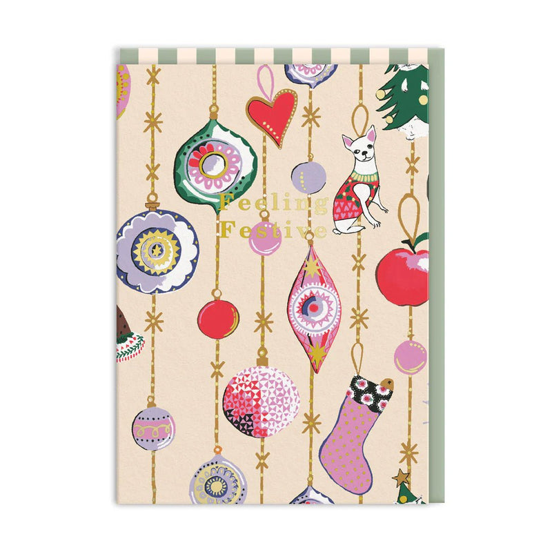 Cream Christmas card with colourful hanging baubles and gold-foil Feeling Festive text; A6, blank inside, Cath Kidston envelope