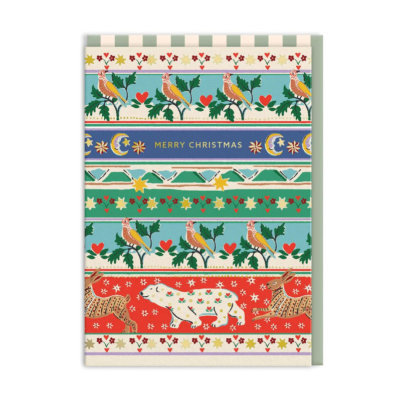 Patterned Christmas card with stripes of birds, stars, moons, deer and a polar bear; blue band with gold-foil Merry Christmas; A6, blank inside, Cath Kidston envelope