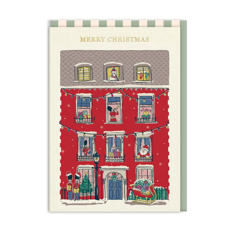 Red townhouse Christmas card with windows, fairy lights and gold-foil Merry Christmas; A6, blank inside, striped envelope by Cath Kidston