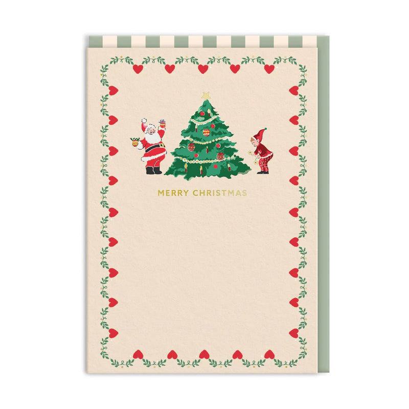 Cream Christmas card with Santa and elf around a decorated tree, heart border and gold-foil Merry Christmas; A6, blank inside, Cath Kidston envelope