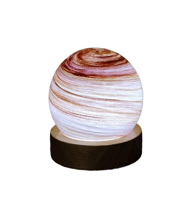 Celestial Sunset planet USB night light with swirling amber and rose bands on wooden base, 8 cm globe lamp gift for children
