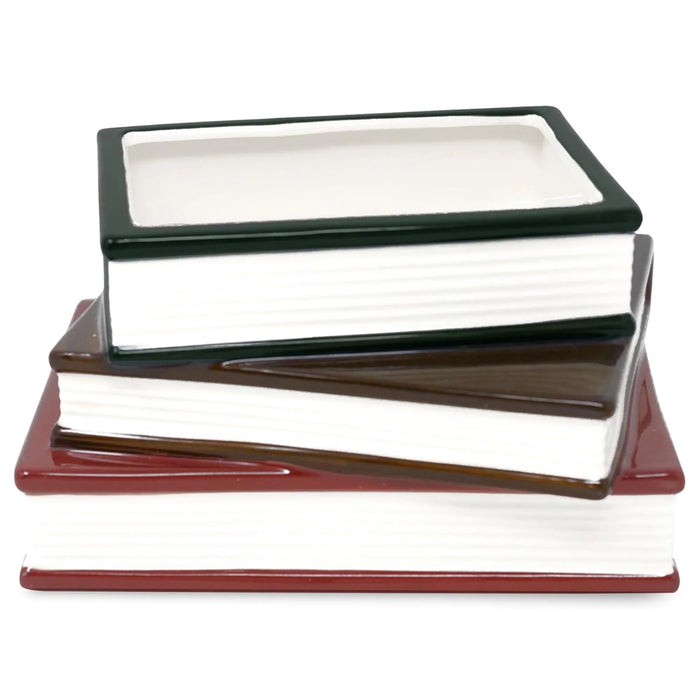 Top view of ceramic book stack planter showing wide opening and ribbed page detailing