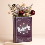 Purple celestial ceramic book vase with moon phase artwork