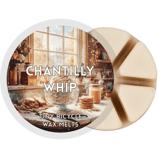 Chantilly Whip wax melt pot with six cream segments and cosy kitchen label artwork