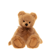 Charlie Bears Acer plush teddy bear, honey-coloured medium-pile fur with organza bow, front sitting view