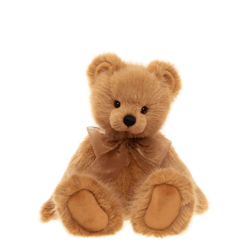 Charlie Bears Acer plush teddy bear, honey-coloured medium-pile fur with organza bow, front sitting view