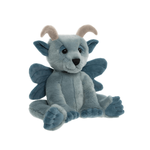 Angled view of Drawbridge Bearhouse by Charlie Bears plush gargoyle showing the sky-blue fur, soft wings and curled horns