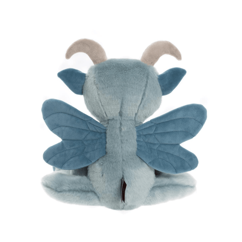Back view of Drawbridge Bearhouse by Charlie Bears plush gargoyle showing the soft blue wings and tail detail