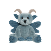 Front view of Drawbridge Bearhouse by Charlie Bears plush gargoyle in sky-blue with soft wings, curled horns and a gentle expression