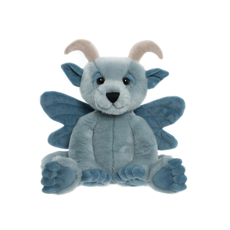 Front view of Drawbridge Bearhouse by Charlie Bears plush gargoyle in sky-blue with soft wings, curled horns and a gentle expression