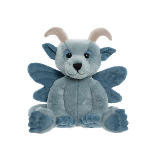 Front view of Drawbridge Bearhouse by Charlie Bears plush gargoyle in sky-blue with soft wings, curled horns and a gentle expression